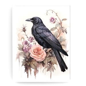 Watercolor Floral Crow Raven Wall Art Illustration Print Poster Card Unframed